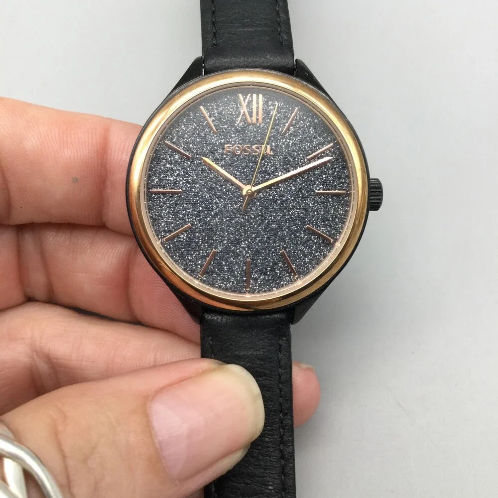 Fossil Womens Watch 36mm Gray Glitter Dial Black Leather BQ3117 New Battery